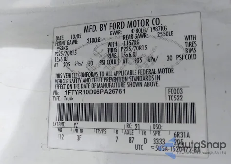 2006 Ford Ranger Xl/Xlt из США, поврежденный, VIN 1FTYR10D96PA26761